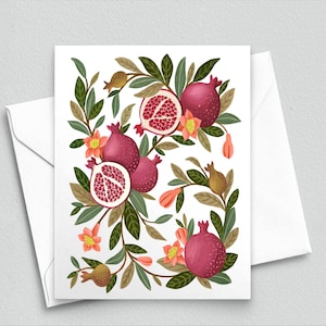 Pomegranate Botanical Note Card – Hand-Drawn Fruit Stationery with Floral Accents for Garden Lovers, Foodies, and Thoughtful Notes 564