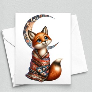 Baby Fox and Crescent Moon Note Card – Cozy Boho Woodland Animal Stationery, Starry Sky Fox Greeting Card, Fox Lover Gift- A2 Note Cards 571