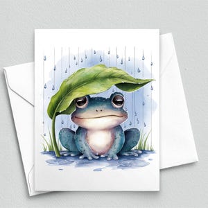 Carte de correspondance Grenouille mignonne sous la pluie - Carte de voeux aquarelle fantaisiste avec un parapluie en forme de feuille, carte d'encouragement ou d'amitié - Carte de correspondance vierge A2 585