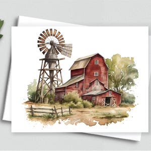 Carte de correspondance rouge grange et moulin à vent - scène d'aquarelle de ferme rustique, carte de voeux de pays, art de grange vintage - cartes de correspondance vierges A2 579