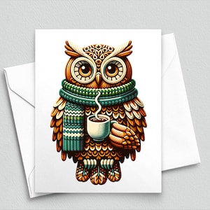 Cosy Latte Owl : Cartes de correspondance café d'automne de style folk-art - Cartes de correspondance vierges A2 450