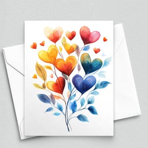 Cartão de notas em formato de árvore com coração de arco-íris – Cartão de amor em aquarela, folhas coloridas, papelaria, amizade, encorajamento e alegria - Cartões de notas em branco A2 583