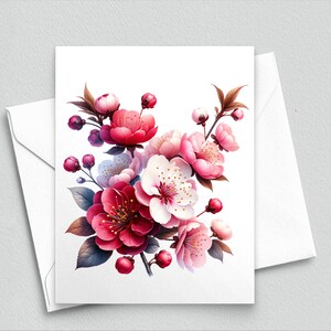 Cartão de nota de flor de cerejeira com peônia rosa e flores de ameixa – Papelaria floral para a primavera, notas de agradecimento ou cartões apenas porque sim 537