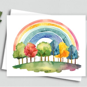 Cartão de Anotações Rainbow Forest – Cartão de Saudações com Árvores em Aquarela e Arco-Íris, Cartão Caprichoso para Encorajamento e Alegria - Cartão de Anotações A2 590
