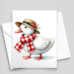 Tarjeta de notas con un encantador pato, bufanda de cuadros rojos y sombrero de paja. Papelería con animales campestres. Tarjeta de ganso estilo granja 533.