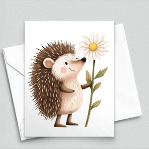 Hérisson mignon tenant une marguerite - Papeterie animaux de la forêt - Carte vierge fantaisiste - Voeux de printemps - Cadeau pour amoureux de la nature 538
