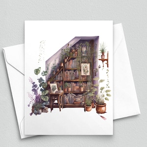 May include: A watercolor illustration of a bookshelf filled with books and plants. The bookshelf is built into a staircase and is surrounded by greenery. The illustration is done in a soft, muted color palette.