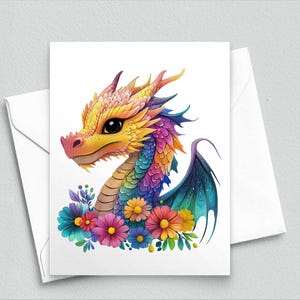 Gardienne des fleurs : cartes de correspondance Le dragon radieux, notes de dragon florales colorées - cartes de correspondance vierges A2 509