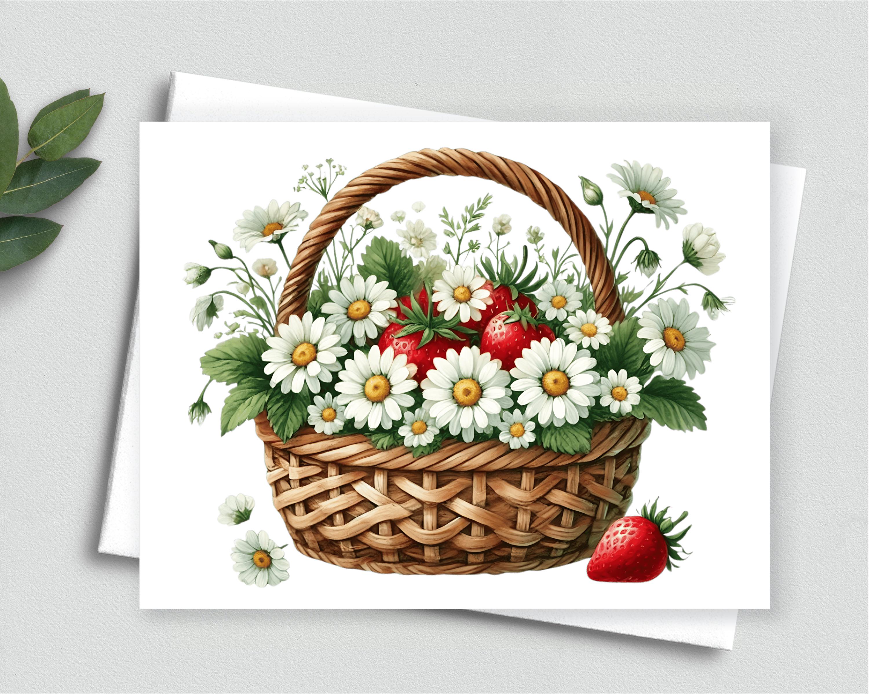 Strawberry and Daisy Basket Note Card – Country Cottage Floral Stationery – Rustic Garden Greeting Card – Spring Summer Blank Card 534
