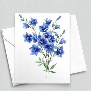Carte de correspondance florale bleu pied d'alouette - aquarelle botanique carte de voeux pour le printemps, un anniversaire, la sympathie, un remerciement ou un usage quotidien 551