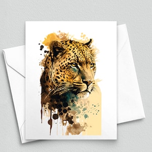 Elegância Selvagem: Retrato de Leopardo em Cartão de Nota Dramático Splash de Aquarela - Cartões de Nota em Branco A2 313