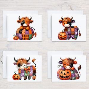 Halloween Highland Cow Note Cards: Fall Stationery Set (4 Card Set)