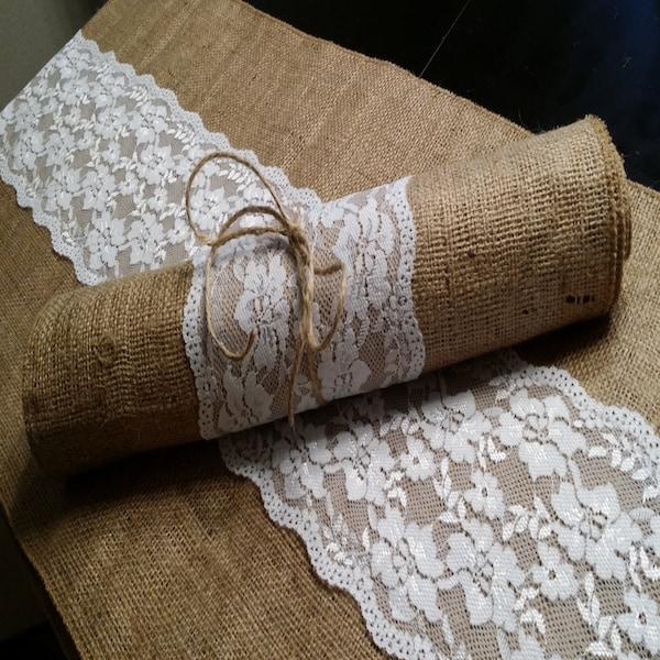 Burlap and Lace Table Runner, 14 inches wide Wedding, Party, Home Decor, Custom Wedding Decor Vintage Rustic Look 30 pcs