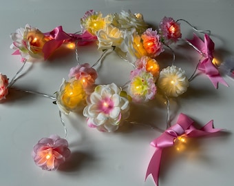 Dreamy Flower LED Fairy Lights with Pink Bows - Bedroom, Kids Room, Gift