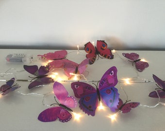 Guirlande lumineuse LED papillon violet et rose, guirlande lumineuse papillon, 20 lumières LED