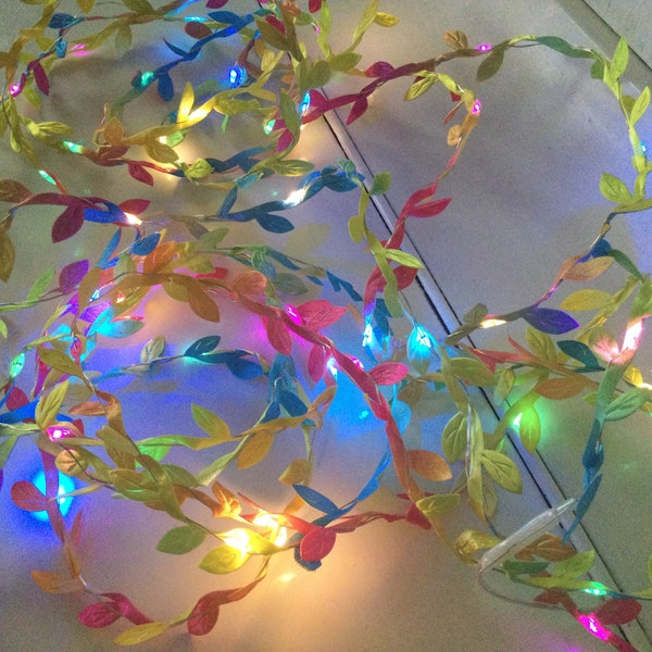 Rainbow tiny leaf garland fairy wire with colored mini led lights, colored Led Lights String Garland, colored led lights