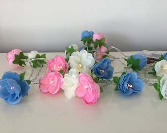 Guirlande lumineuse rose, bleu clair et blanc rose, guirlande lumineuse shabby chic, guirlande lumineuse fleur, guirlande lumineuse rose, lumières led