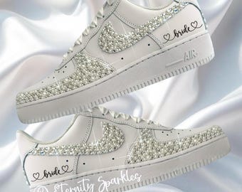 Custom White Pearl & Crystal Air Force 1 Trainers | Personalised Bridal Shoes