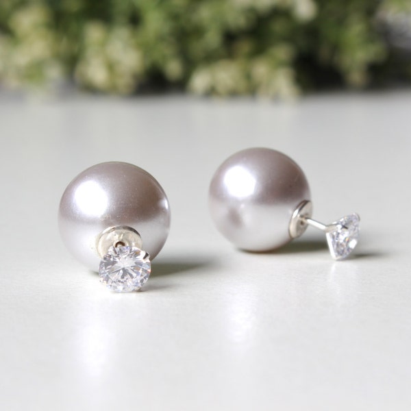 Double Pearl Earring, Sterling Silver pearl earring, CZ Pearl stud earring, CZ Post, Bridesmaids Gift, Mise en Pearl,Oversized Pearl Earring