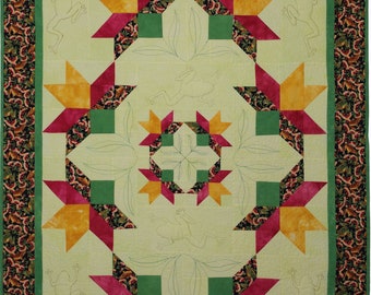 Frogs 'n Blossoms Lap or Cot Sized Quilt Pattern, Easy Traditional Pieced