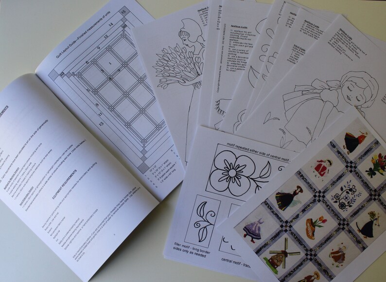 K&ouml;nnte beinhalten: Ein Satz schwarzer und wei&szlig;er Stickmuster f&uuml;r eine Steppdecke. Die Muster umfassen ein M&auml;dchen, das Blumen h&auml;lt, eine Blume, eine Windm&uuml;hle und ein M&auml;dchen in einem Kleid. Die Muster sind auf wei&szlig;em Papier gedruckt und bereit f&uuml;r die Verwendung beim Quilten.
