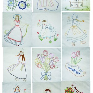 K&ouml;nnte beinhalten: Neun Stickmotive mit holl&auml;ndischen Themen, darunter eine Windm&uuml;hle, Tulpen, Holzschuhe und Frauen in traditioneller Kleidung.