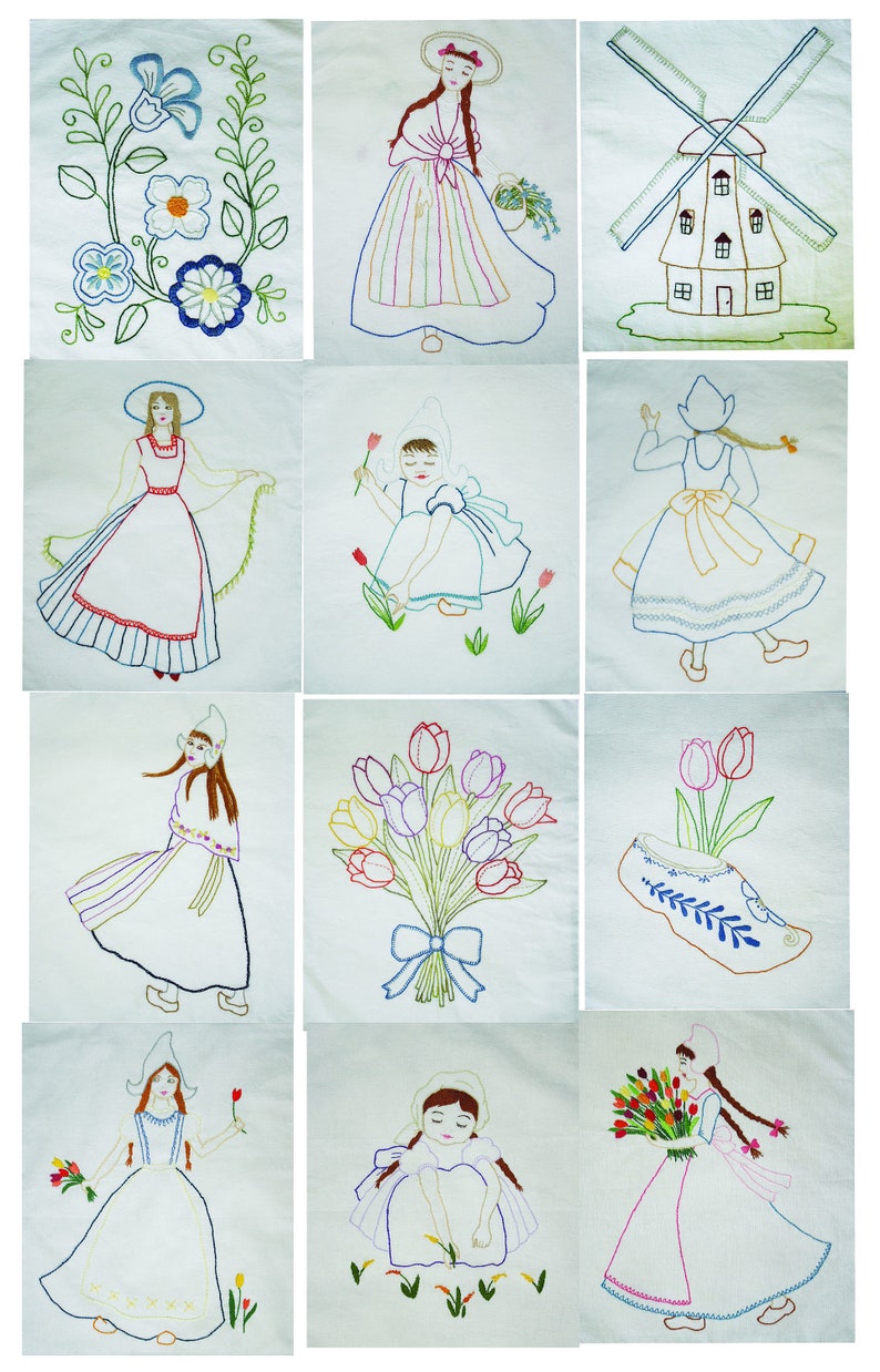 K&ouml;nnte beinhalten: Neun Stickmotive mit holl&auml;ndischen Themen, darunter eine Windm&uuml;hle, Tulpen, Holzschuhe und Frauen in traditioneller Kleidung.