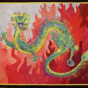May include: A green and yellow dragon with a fierce expression is depicted against a background of red and orange flames. The dragon's scales are detailed with glitter, and its tail curls around its body.