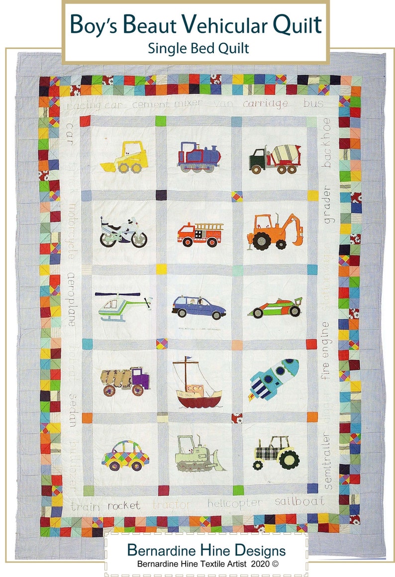 Vehicle Quilt Pattern, featuring cars, diggers, trucks and more. Boy's Beaut Vehicular Quilt image 2