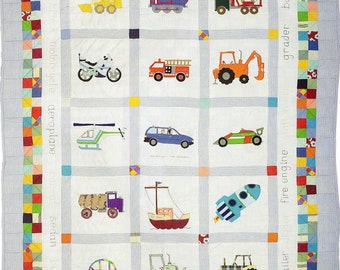 Vehicle Quilt Pattern, featuring cars, diggers, trucks and more. Boy's Beaut Vehicular Quilt