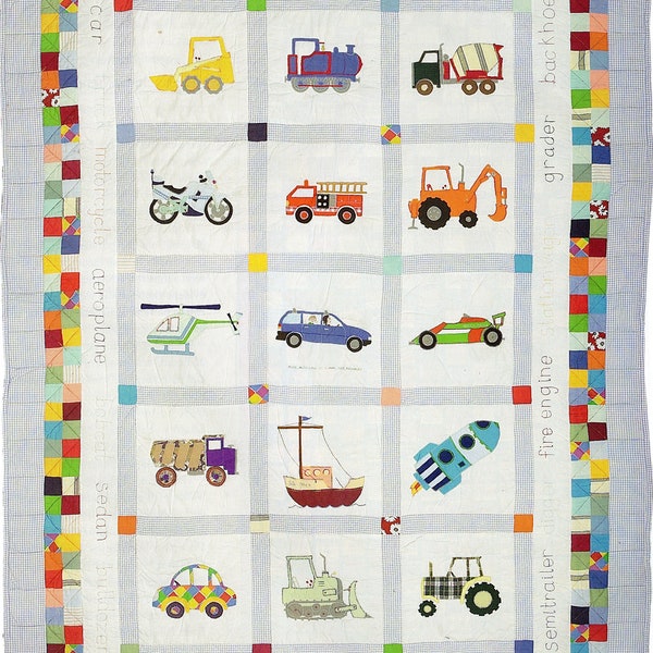 Vehicle Quilt Pattern, featuring cars, diggers, trucks and more. Boy's Beaut Vehicular Quilt