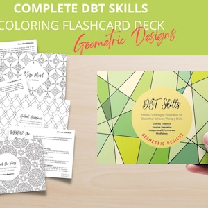 Könnte beinhalten: Ein Satz Mal-Flashcards für Dialektisch-Behaviorale Therapie (DBT)-Fähigkeiten. Die Karten zeigen geometrische Muster in Grün, Gelb und Weiß. Der Text auf den Karten lautet "DBT-Fähigkeiten: Achtsames Ausmalen von Flashcards für Dialektisch-Behaviorale Therapie: Belastbarkeit, Emotionsregulation, Interpersonelle Effektivität, Achtsamkeit, Geometrische Designs."