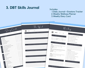 DBT Skills Fillable PDF, Instant Printable Download, Journal section + Emotions Tracker, Weekly Planner +  Skills Diary Card |