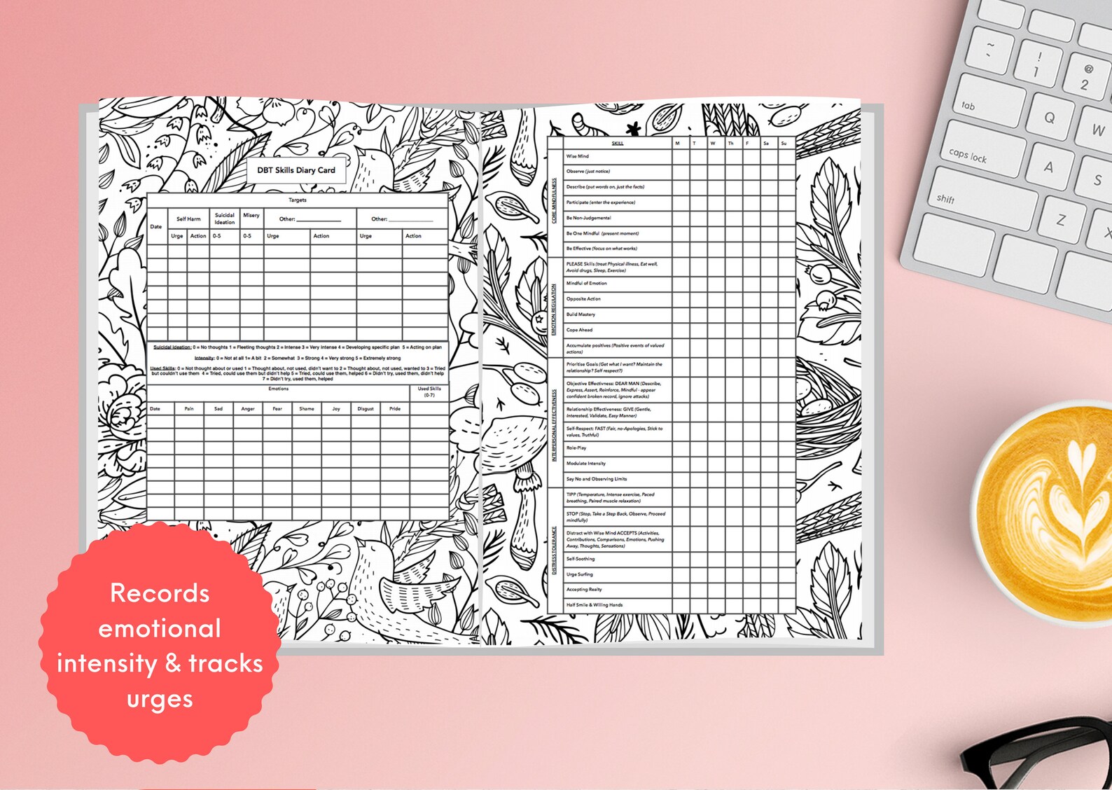 Mindful Coloring DBT Skills Diary Card With 10 Designs, Simple Weekly ...