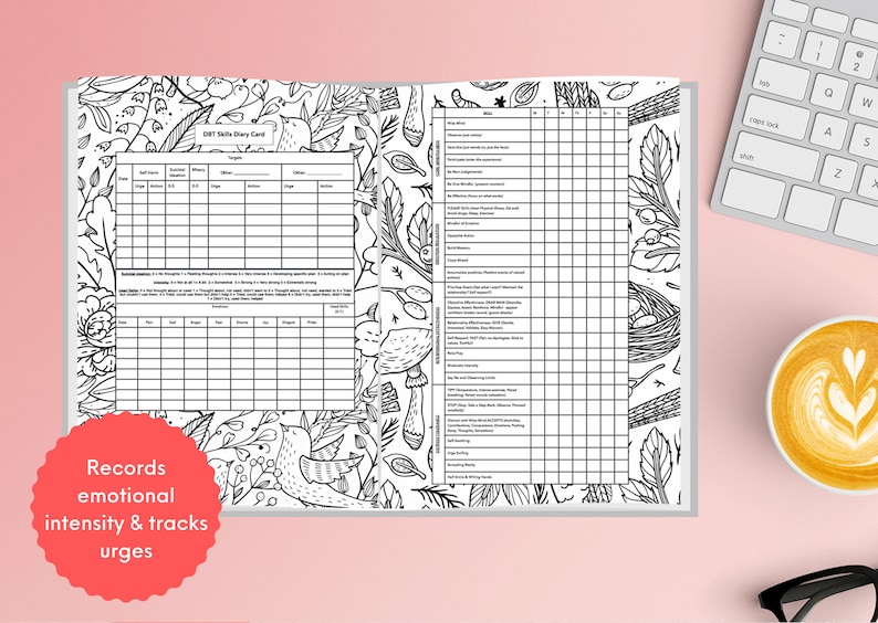 K&ouml;nnte beinhalten: Eine schwarz-wei&szlig;e druckbare Tagebuchkarte mit floralem Design. Die Karte tr&auml;gt den Titel "CBT Skills Diary Card" und enth&auml;lt Abschnitte zur Verfolgung von Dr&auml;ngen, Gedanken und Verhaltensweisen. Die Karte soll Menschen helfen, ihre psychische Gesundheit zu verwalten.