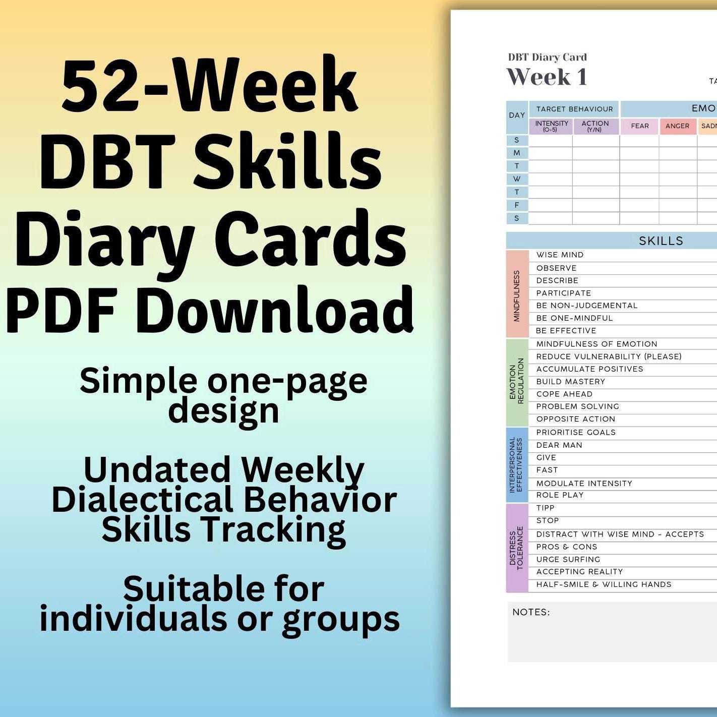 Weekly DBT Diary Cards, 52 Week Undated Skills Tracker, Dialectical Behavior Therapy pdf Simple layout, counseling resource printable