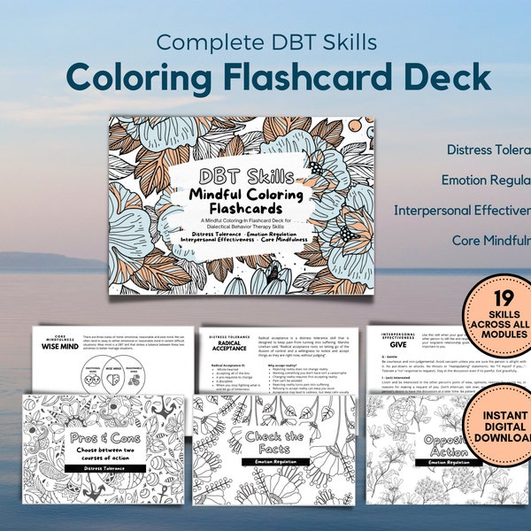 DBT Skills Coloring-In Mindfulness Flashcard Deck; Complete with All 4 Modules; Instant Printable PDF; Dialectical Behavior Therapy