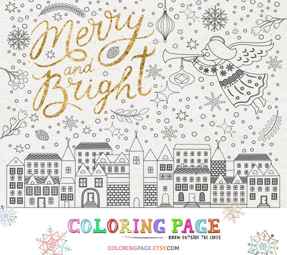 Download Xmas Coloring Page Printable Merry Bright Instant Download Etsy