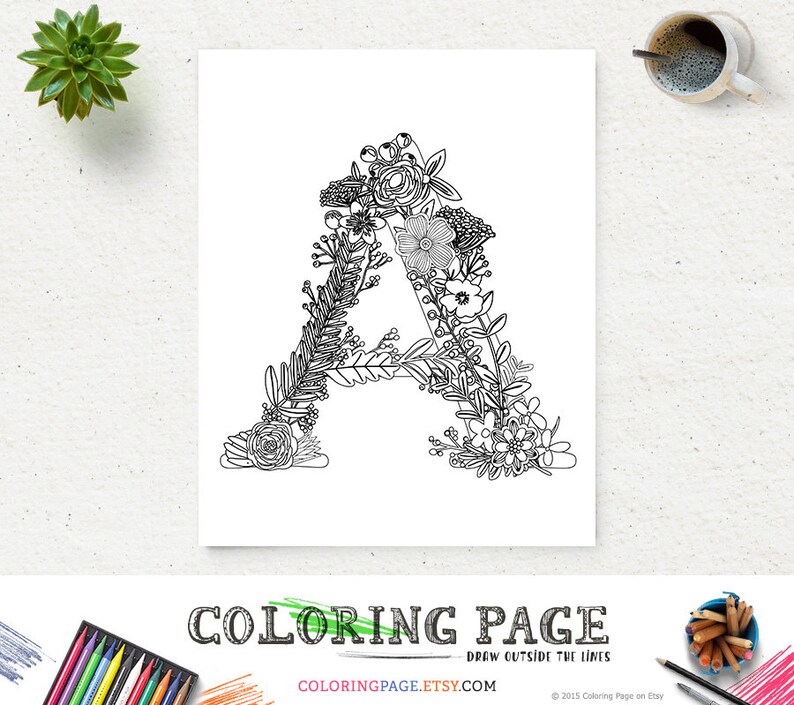 printable floral alphabet coloring page letter a instant etsy