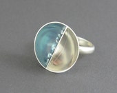 Silver statement ring, aqua resin and sterling silver modern big domed ring, size 9 cocktail ring