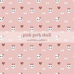 May include: A seamless pattern on a light pink background featuring white skulls with bows or flowers, red heart-shaped icons, and white bone shapes. A central horizontal band displays the text pink goth skull seamless pattern.