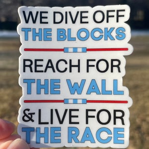 Vinyl swim Sticker, water bottle sticker, swim gift, swim team gift, we DIVE off the BLOCKS swim coach, swim mom, swim gift