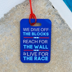 DIVE off the BLOCKS  swim bag Tag, Sport Bag Tag, Swim Team Bag Tag, Swim Party favor
