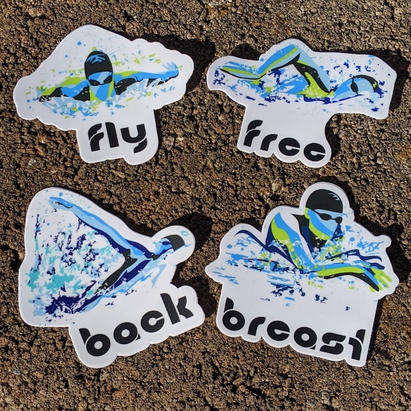 Vinyl swim Sticker, water bottle sticker, swim gift, swim team gift, ALL 4 STROKES, swim coach, swim mom, triathlon gift fly back breast