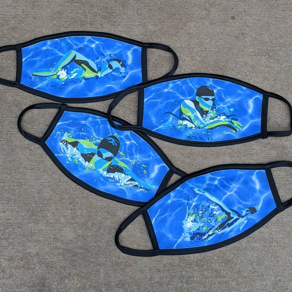 SWIM themed Face Mask Swim STROKES Swimming.  Child, Adult Super soft polyester on the outside, cotton on the inside, washable, USA ship