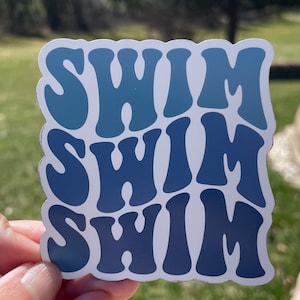 May include: A blue and white sticker with the word "SWIM" repeated three times in a retro font.