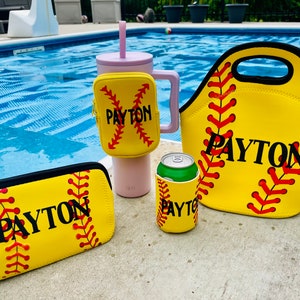 Softball neoprene bag, softball lunch bag, softball cosmetics bag, softball water bottle bag, softball can cooler, softball team gift