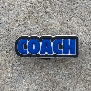 May include: Blue and white "COACH" charm with a black outline.