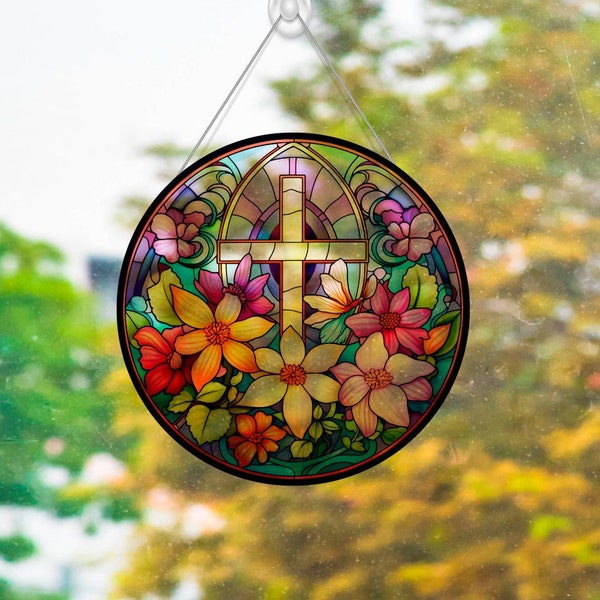 Faux Stained Glass Cross and Flowers Acrylic Suncatcher