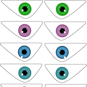 Puede incluir: Un conjunto de diez ilustraciones de ojos en forma de triángulo con iris de diferentes colores. Los ojos son verdes, morados, azules, turquesa y naranja.